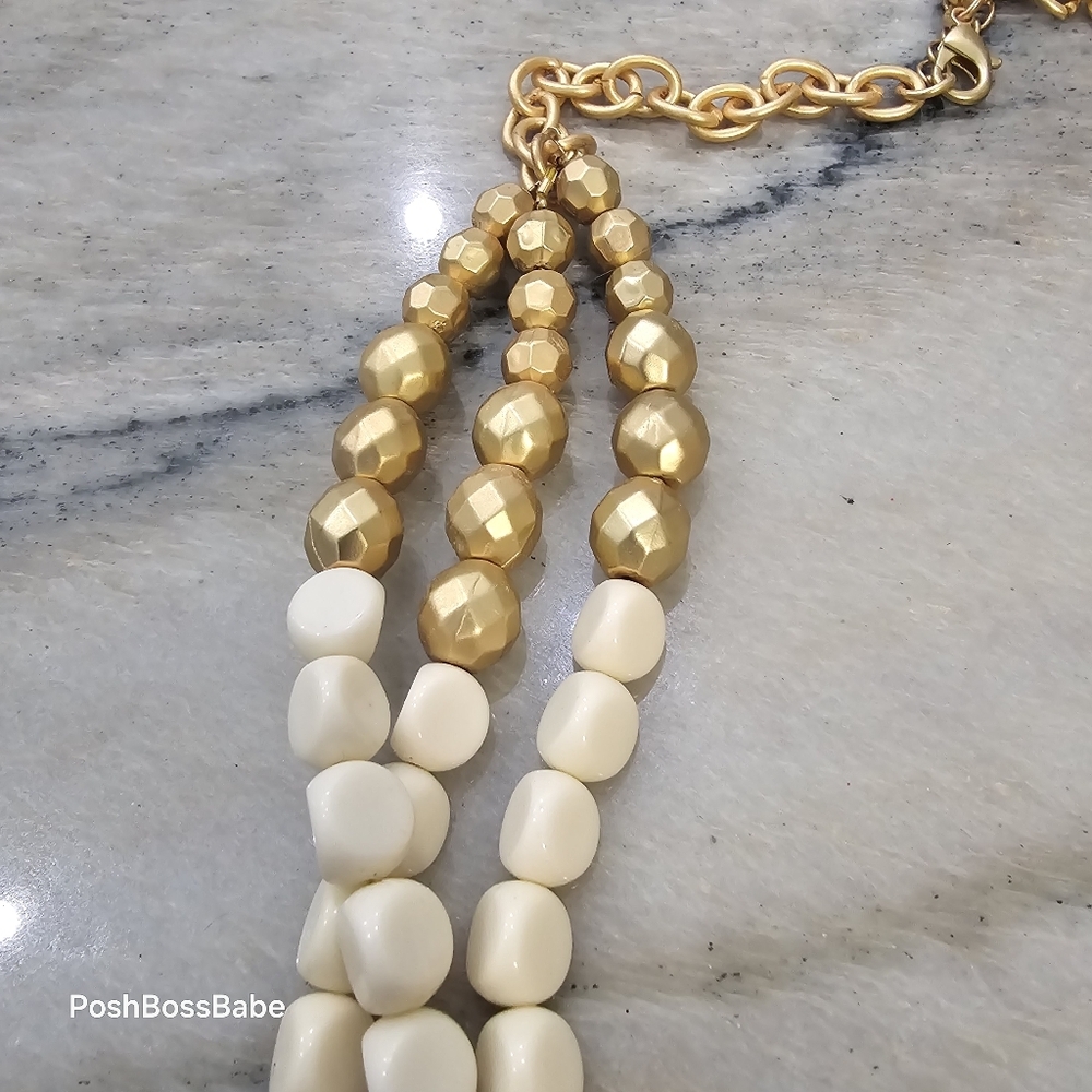 Plunder Elegant Multi-Strand Statement Necklace - 27" Gold & Cream Beads - Picture 3 of 8